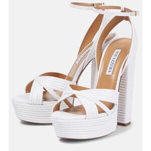 Aquazzura Sundance Plateau Raffia Ankle-Strap Platform Sandal White Women's 38/8